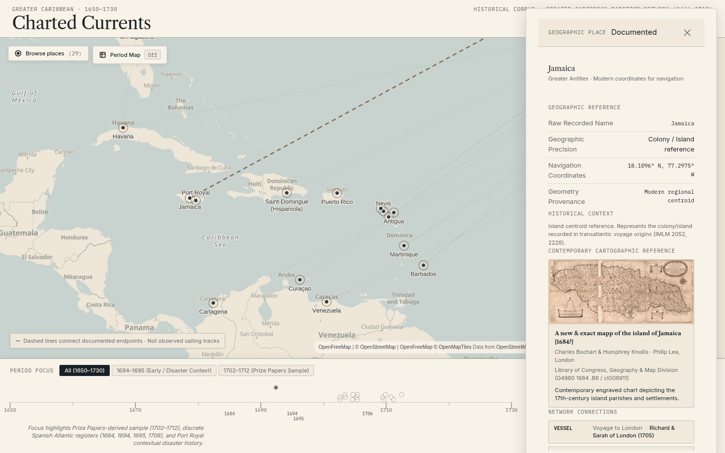 The place inspector open on Jamaica, showing recorded name, coordinate provenance, historical context, and a thumbnail of a 1684 chart with its Library of Congress credit