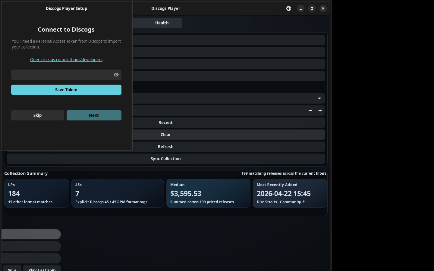 First-run setup wizard for entering a Discogs personal access token