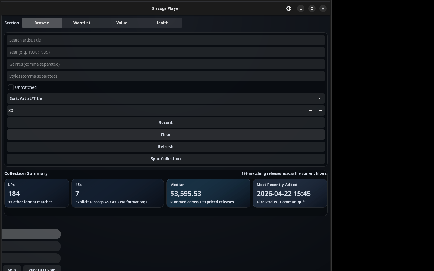 Album detail after a spin, showing cover art, release metadata, market value, and tracklist