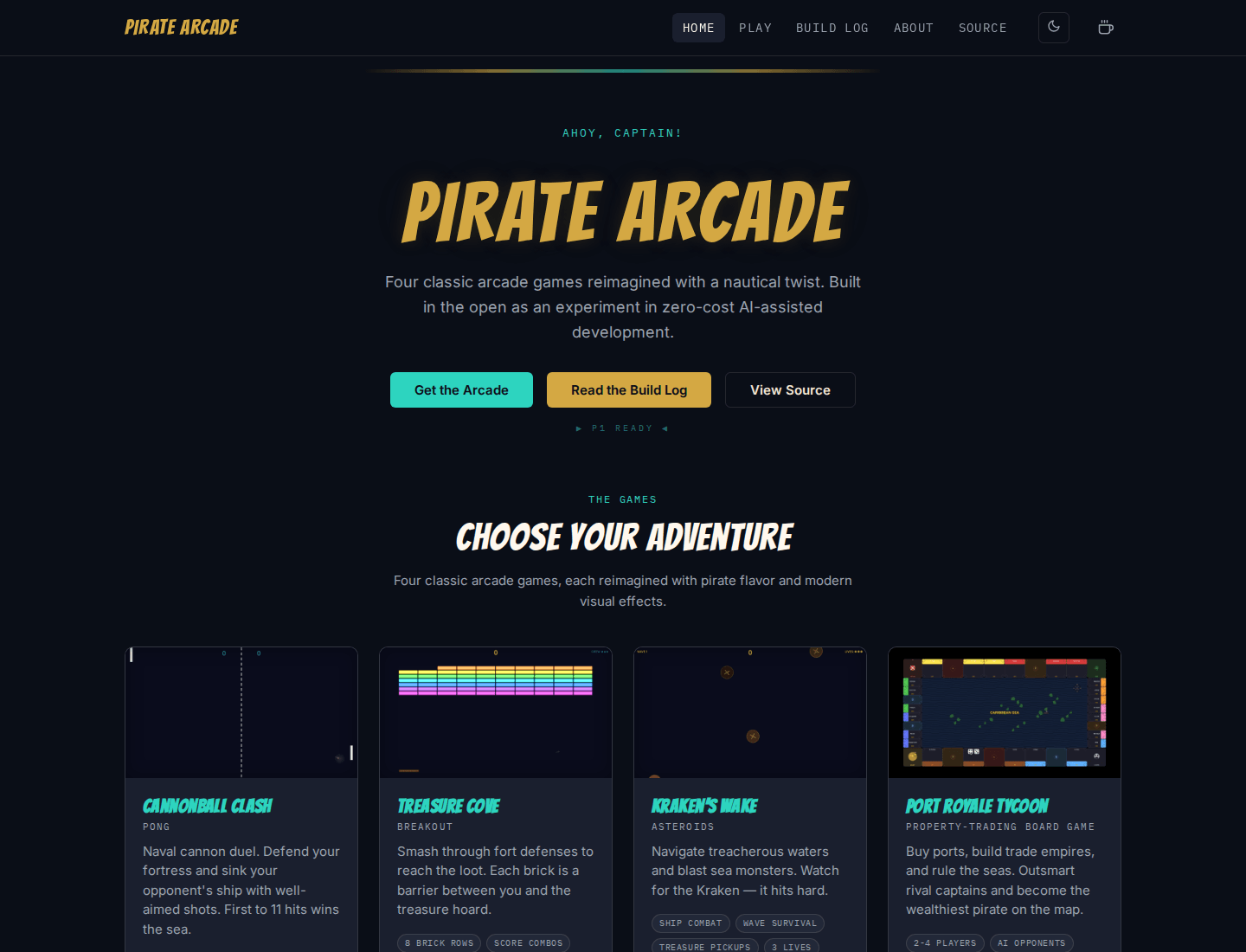 Pirate Arcade homepage showing the game collection and retro nautical arcade styling